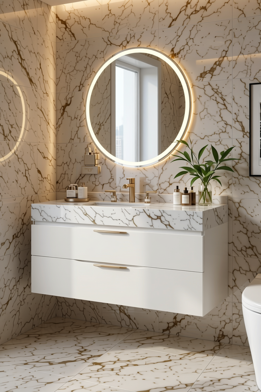 Pearl White Plain Laminate 8x4 ft Suede 1 mm - 3601 SF — application view in a luxurious bathroom