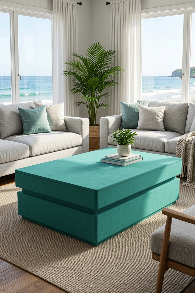 Pleasant Turqoise Plain Laminate 8x4 ft Suede 1 mm - 3562 SF — application view in a fresh coastal living room