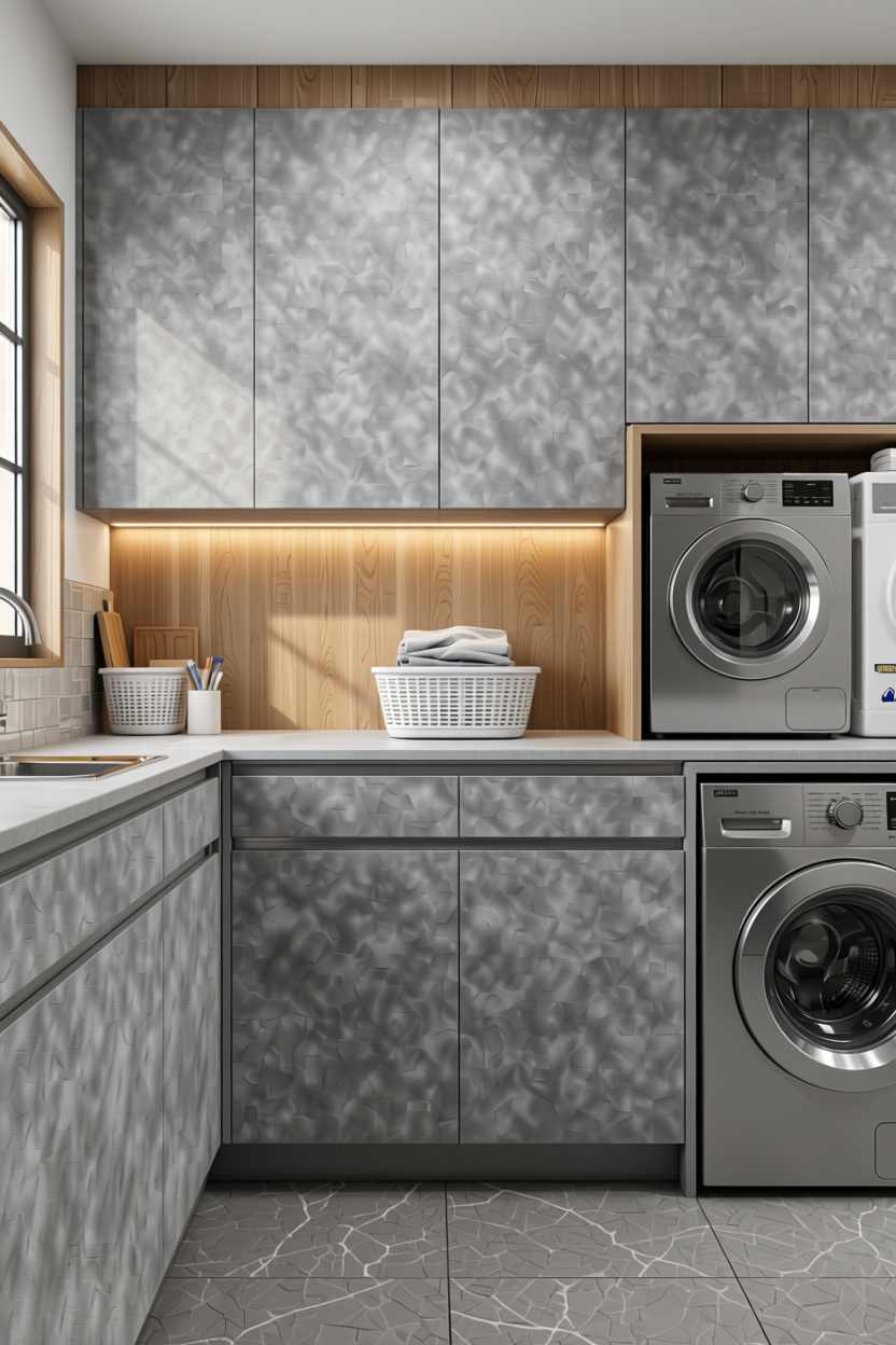 Silver Grey Plain Laminate 8x4 ft Suede 1 mm - 3505 SF — application view in a modern laundry room