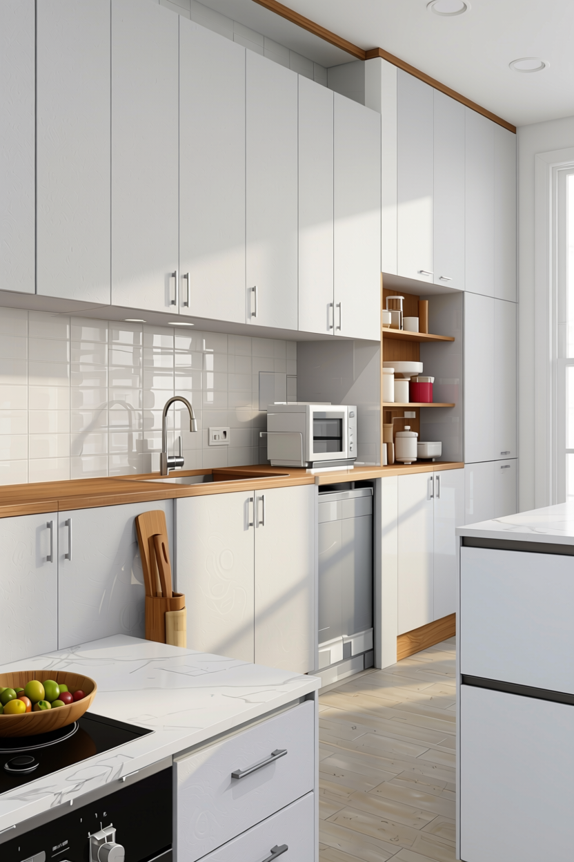 White Plain Laminate 8x4 ft Suede 1 mm - 3702 SF — application view in a minimalist kitchen