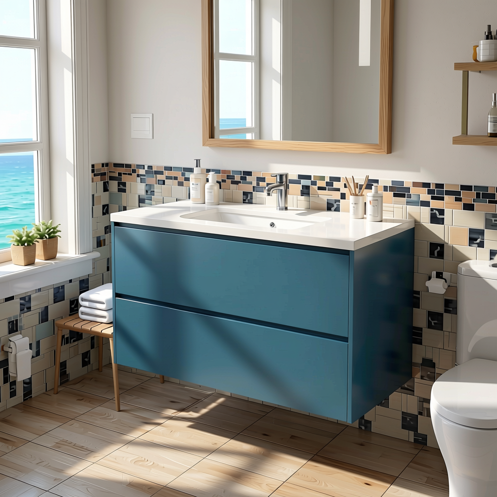 Marine Blue 2 Plain Colors Laminate 8*4 ft Soft Touch 1.0 mm - HER-1562 — application view in a coastal bathroom