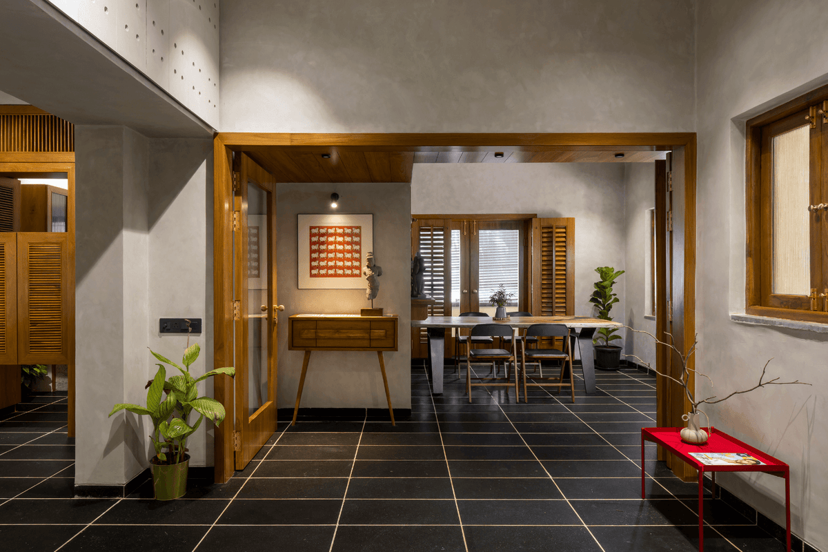 Interior with a matte wood veneer look on the furniture; a matte wood laminate look on the table top.