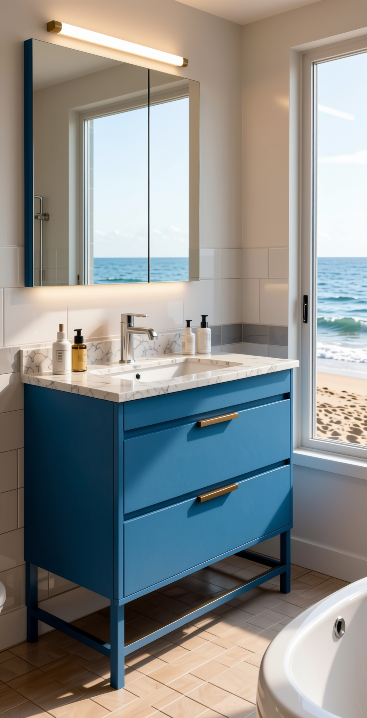 Blue Plain Laminate 8x4 ft Suede 1 mm - 22112 Adriatic — application view in a coastal bathroom