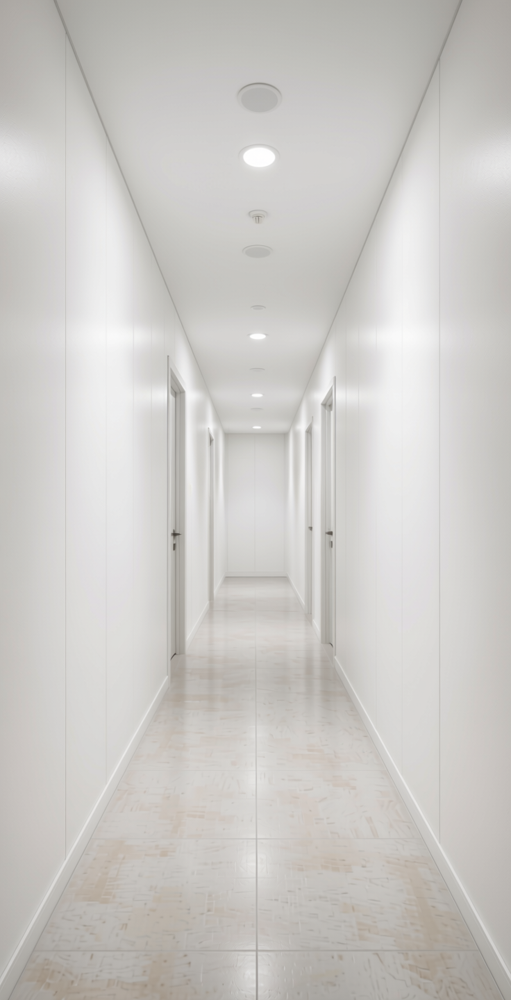 White Plain Laminate 8x4 ft Suede 1 mm - 22091 Arctic — application view in a bright hallway