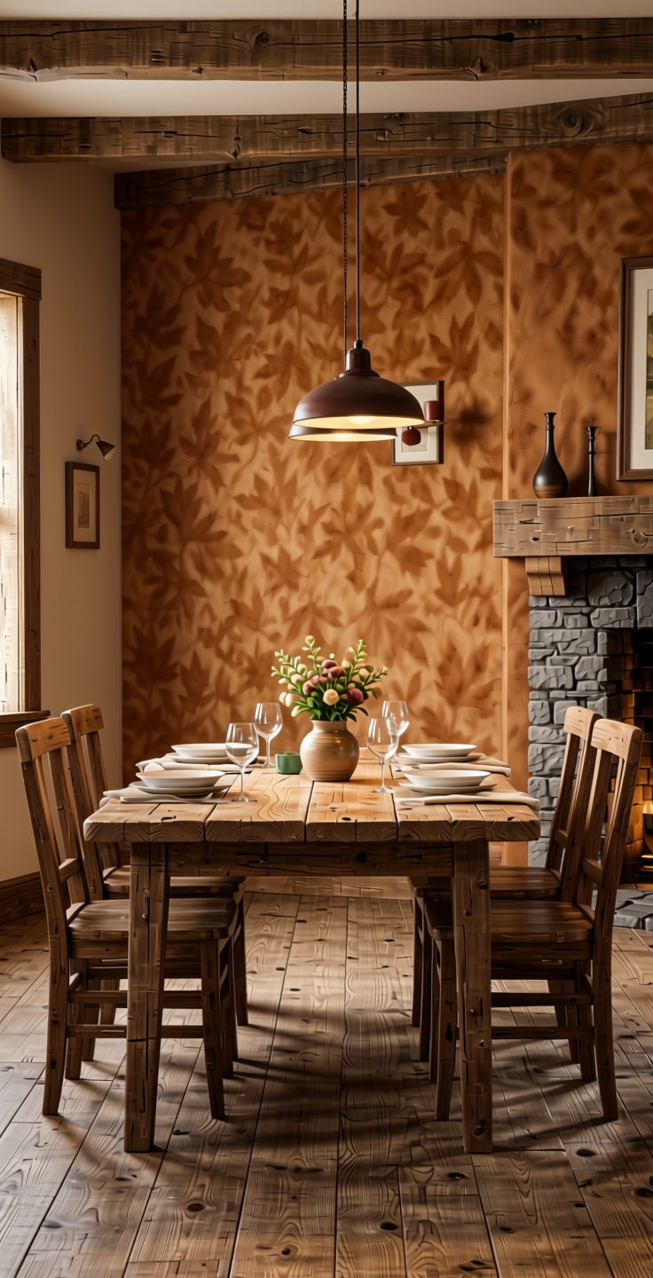 Leaf Plain Laminate 8x4 ft Suede 1 mm - 22119 Autumn — application view in a rustic dining room