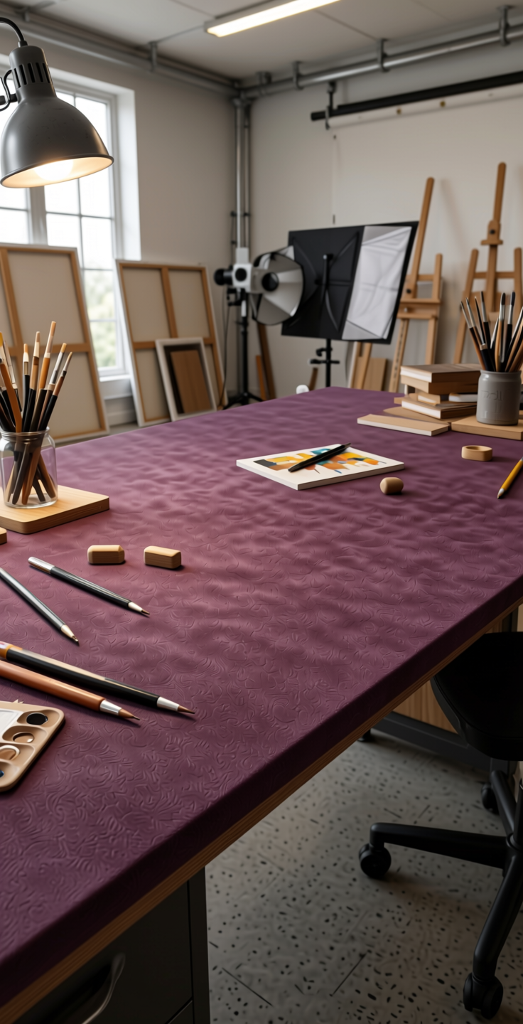Bunch Plain Laminate 8x4 ft Suede 1 mm - 22105 Berry — application view in a art studio