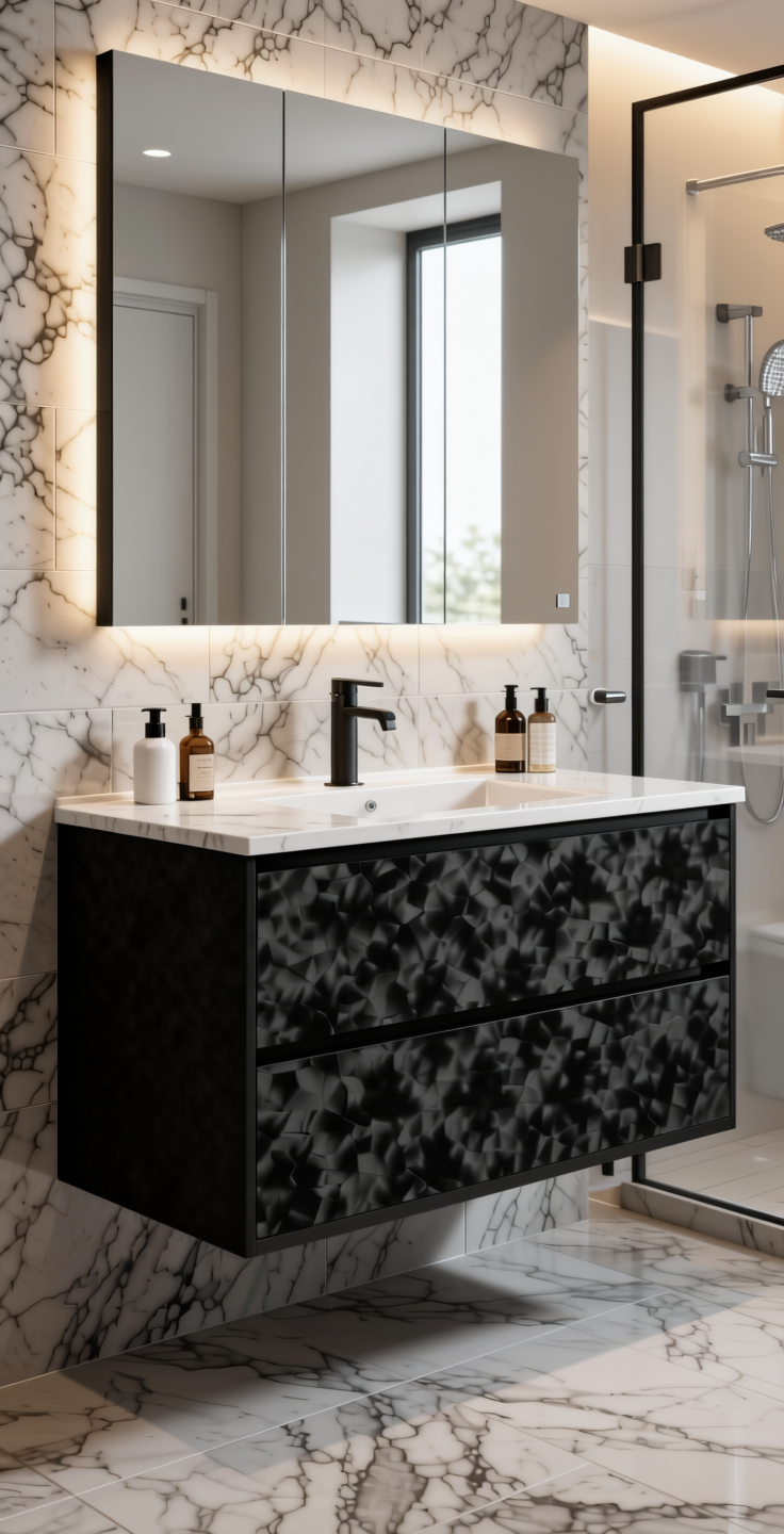 Plain Laminate 8x4 ft Suede 1 mm - 21066 Black — application view in a modern bathroom