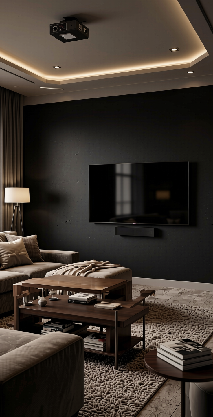 Black Plain Laminate 8x4 ft Texture 1 mm - 21066 DZL — application view in a home theater
