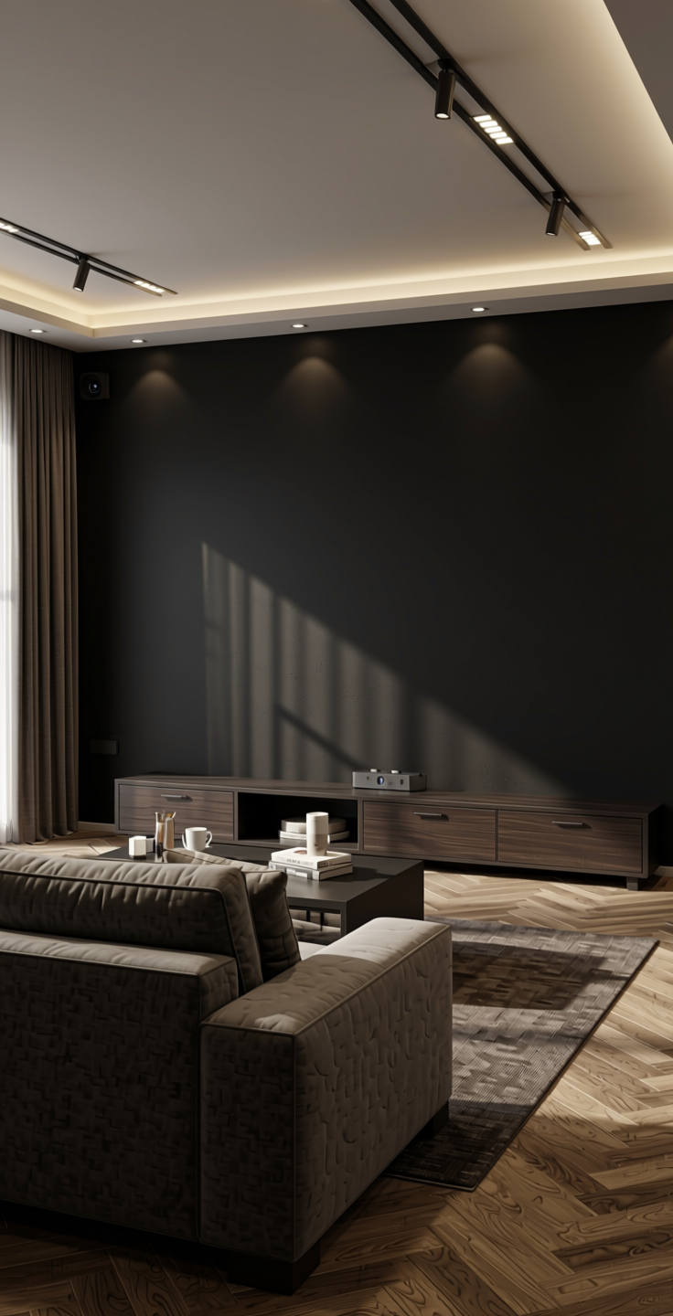 Black Plain Laminate 8x4 ft Texture 1 mm - 21066 NL — application view in a home theater