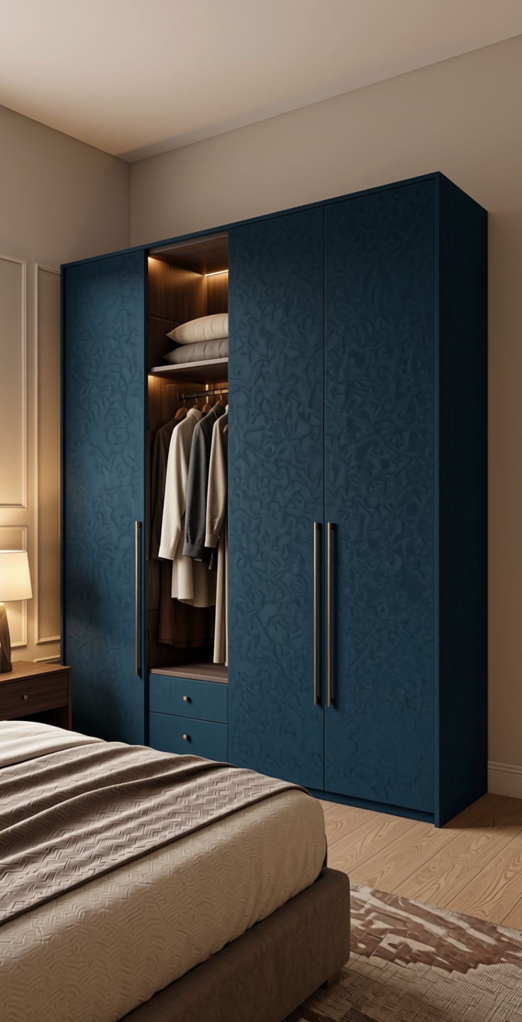Danube Plain Laminate 8x4 ft Suede 1 mm - 21132 Blue — application view in a guest bedroom