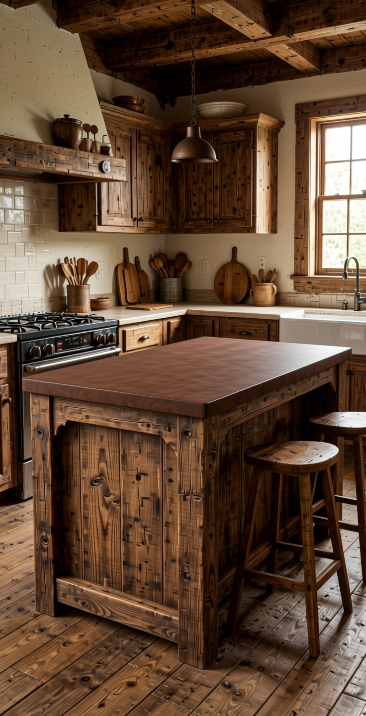 Plain Laminate 8x4 ft Suede 1 mm - 22127 Brown — application view in a rustic kitchen