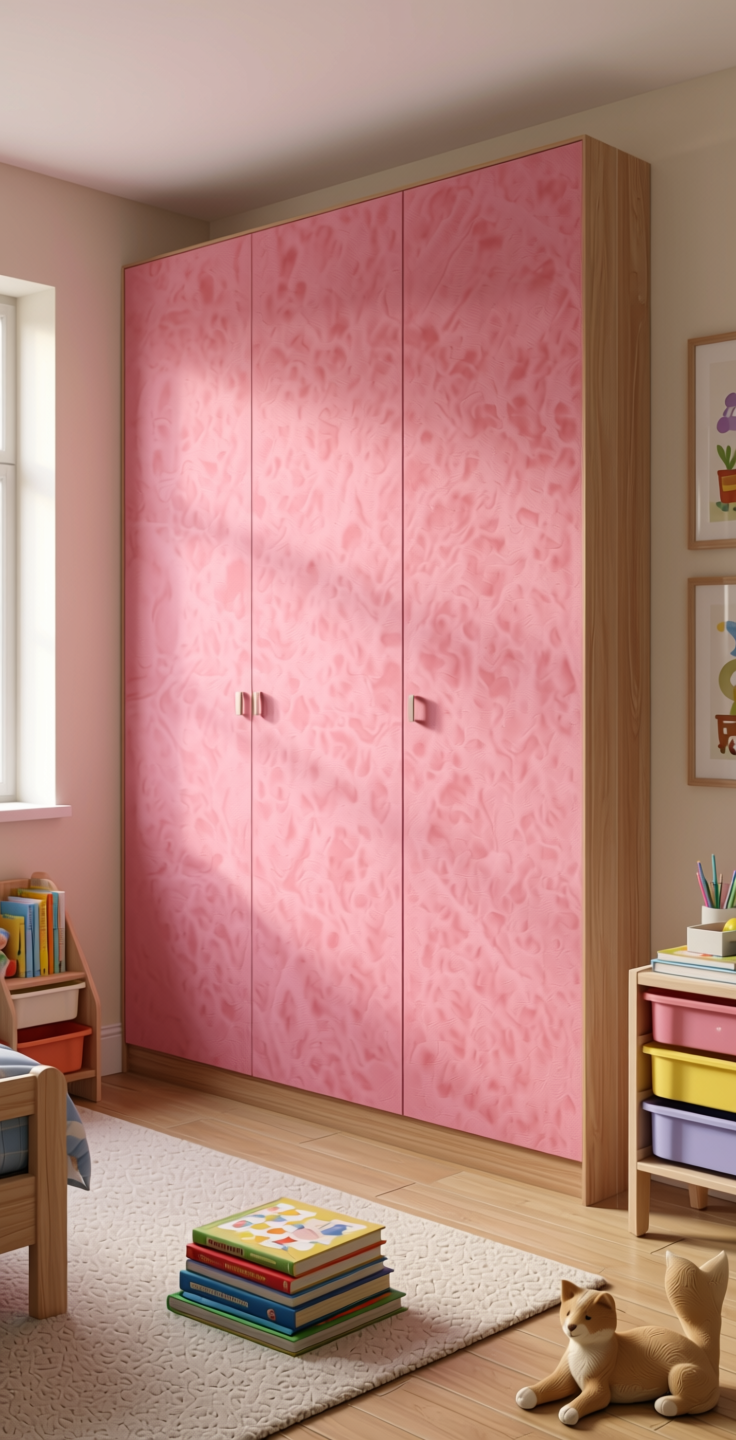 Plain Laminate 8x4 ft Suede 1 mm - 21114 Bubblegum — application view in a kids' room