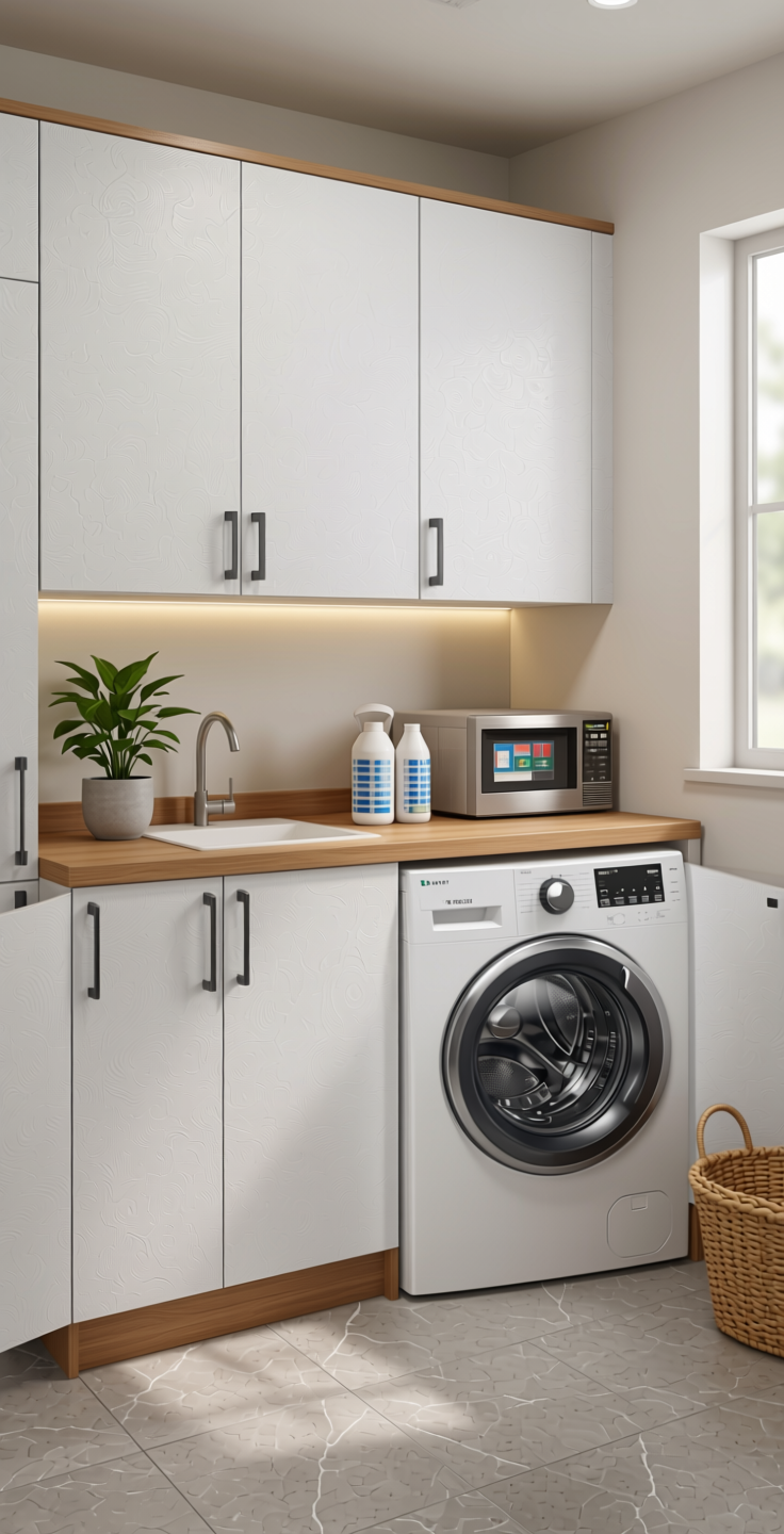 White Plain Laminate 8x4 ft Suede 1 mm - 21941 Candy — application view in a clean laundry room
