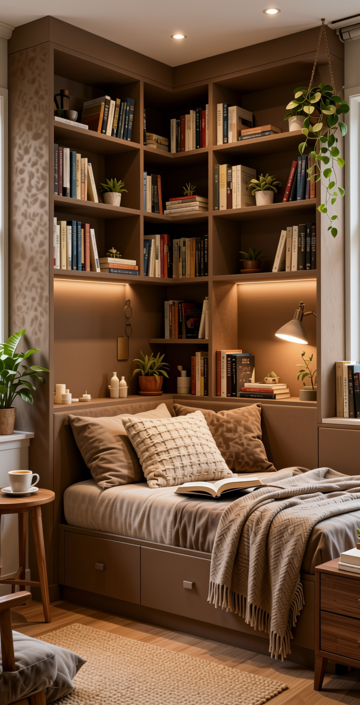Plain Laminate 8x4 ft Suede 1 mm - 22137 Cappuccian — application view in a cozy reading nook