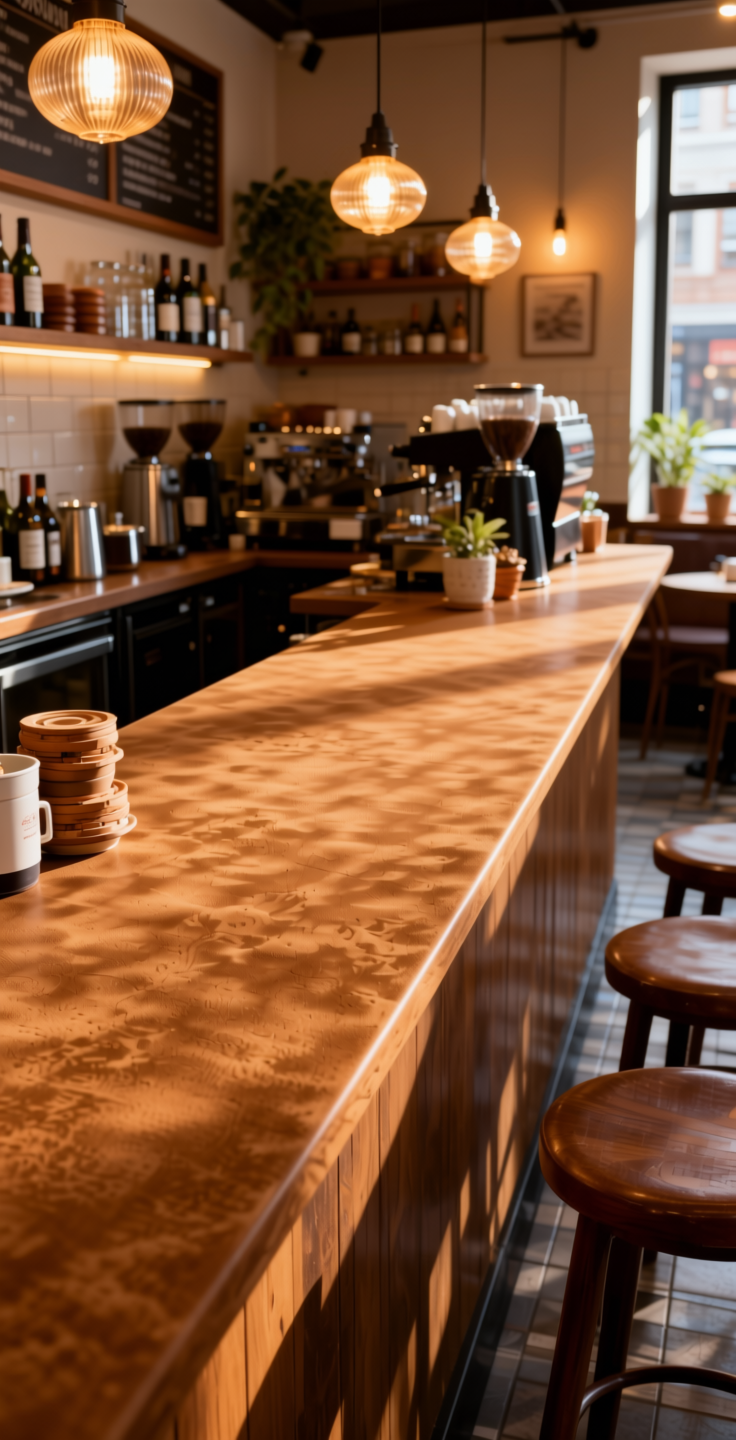 Plain Laminate 8x4 ft Suede 1 mm - 21155 Caramel — application view in a cozy café
