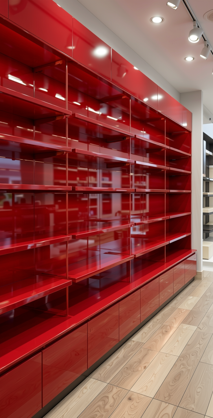 Cardinal Plain Laminate 8x4 ft High Gloss 1 mm - 21065 UNI — application view in a retail store