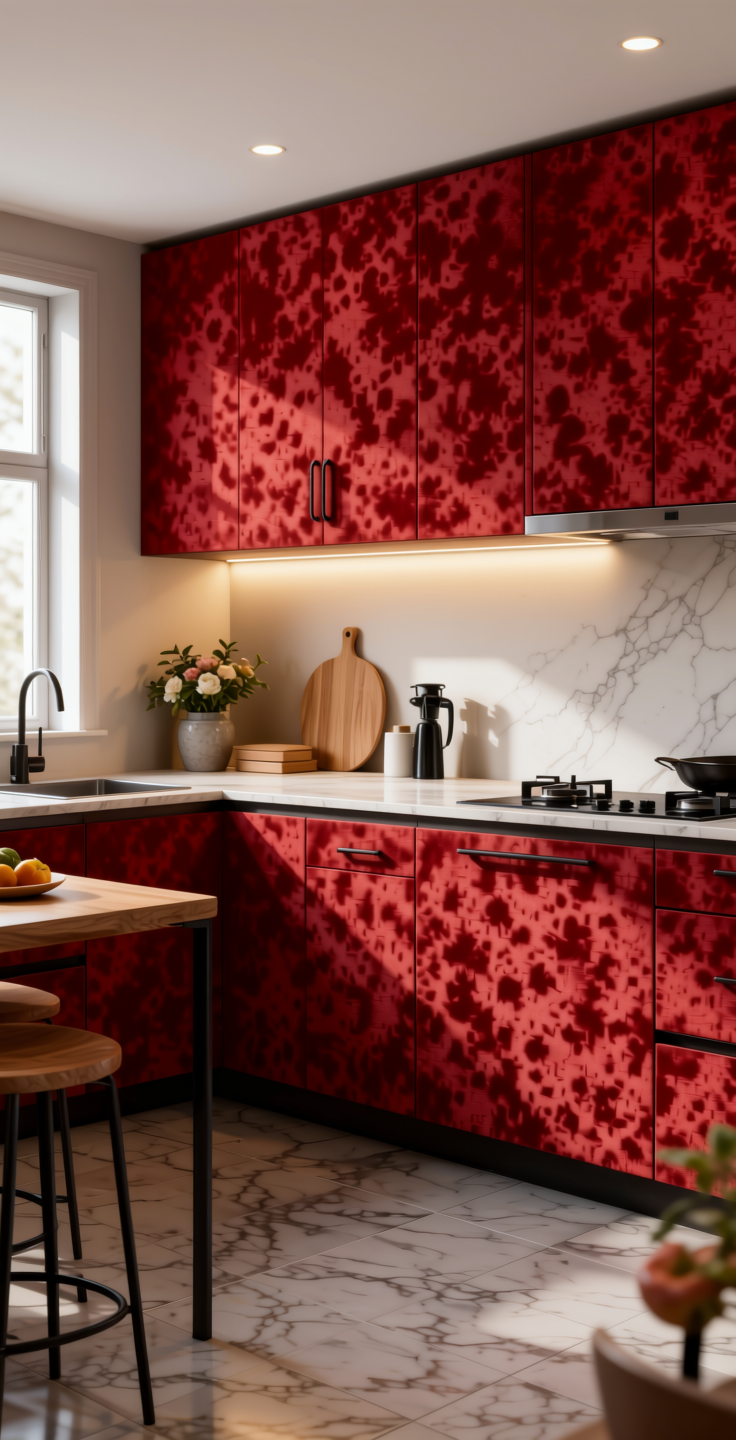 Plain Laminate 8x4 ft Suede 1 mm - 21065 Cardinal — application view in a contemporary kitchen
