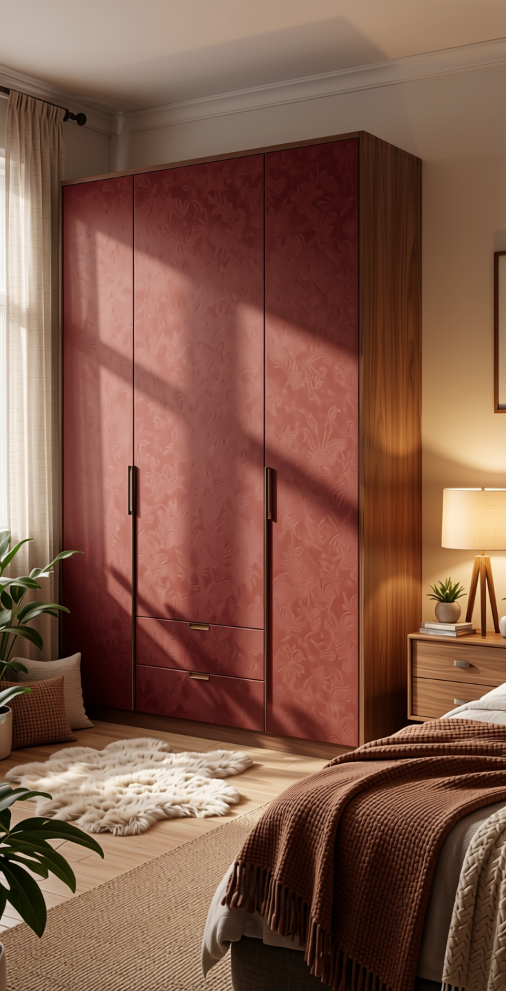 Plain Laminate 8x4 ft Suede 1 mm - 21075 Carnival — application view in a cozy bedroom