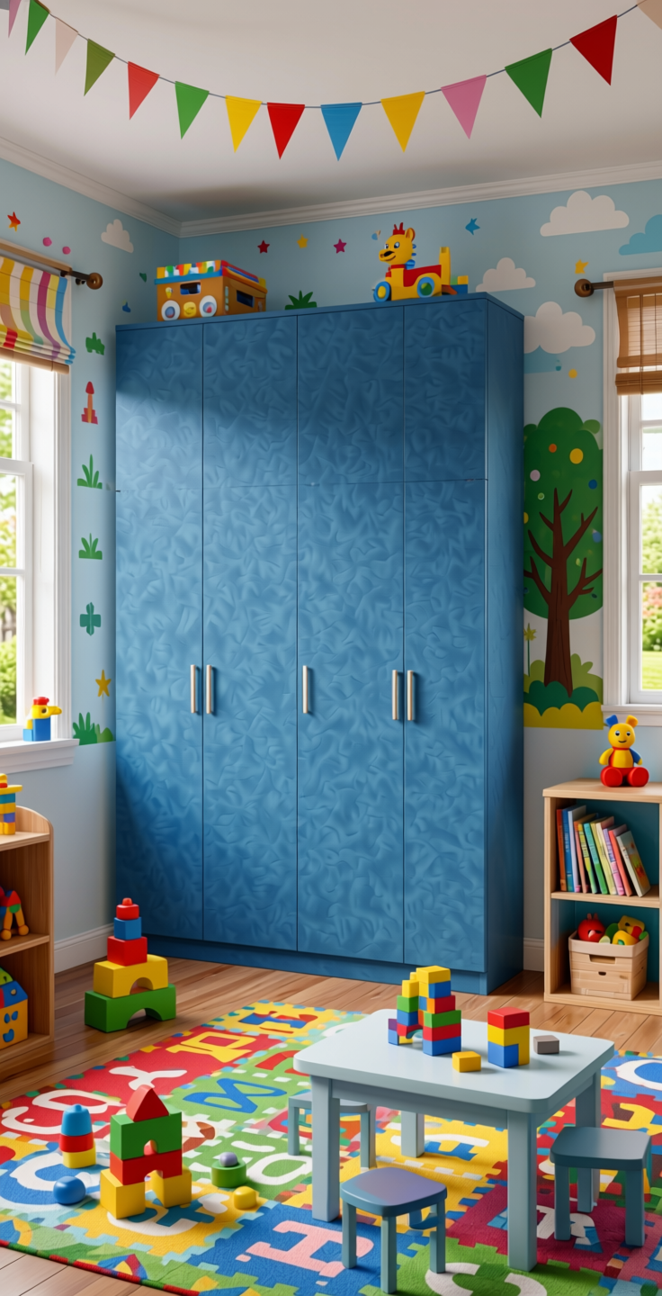 Blue Plain Laminate 8x4 ft Suede 1 mm - 21082 Celestial — application view in a kids' playroom