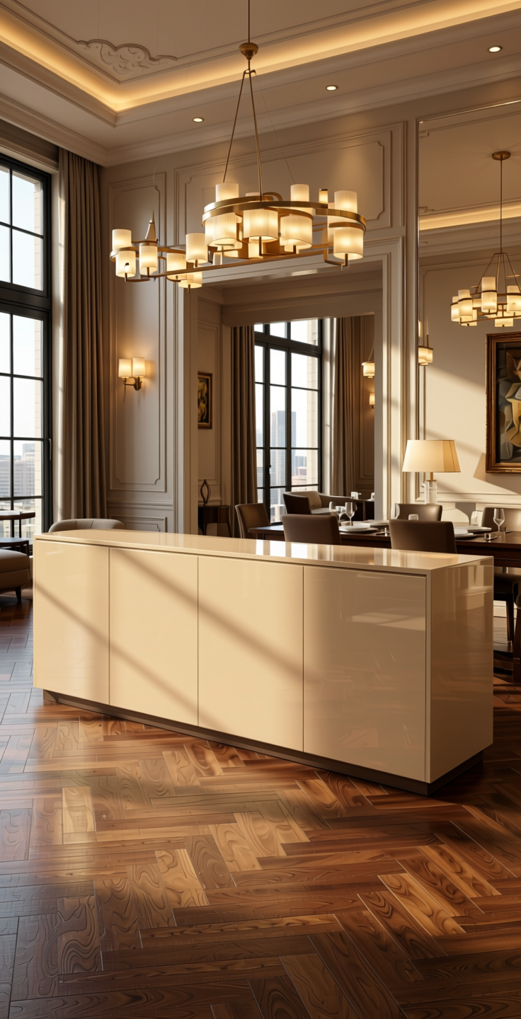 Champagne Plain Laminate 8x4 ft High Gloss 1 mm - 21187 HGL — application view in a luxurious dining room