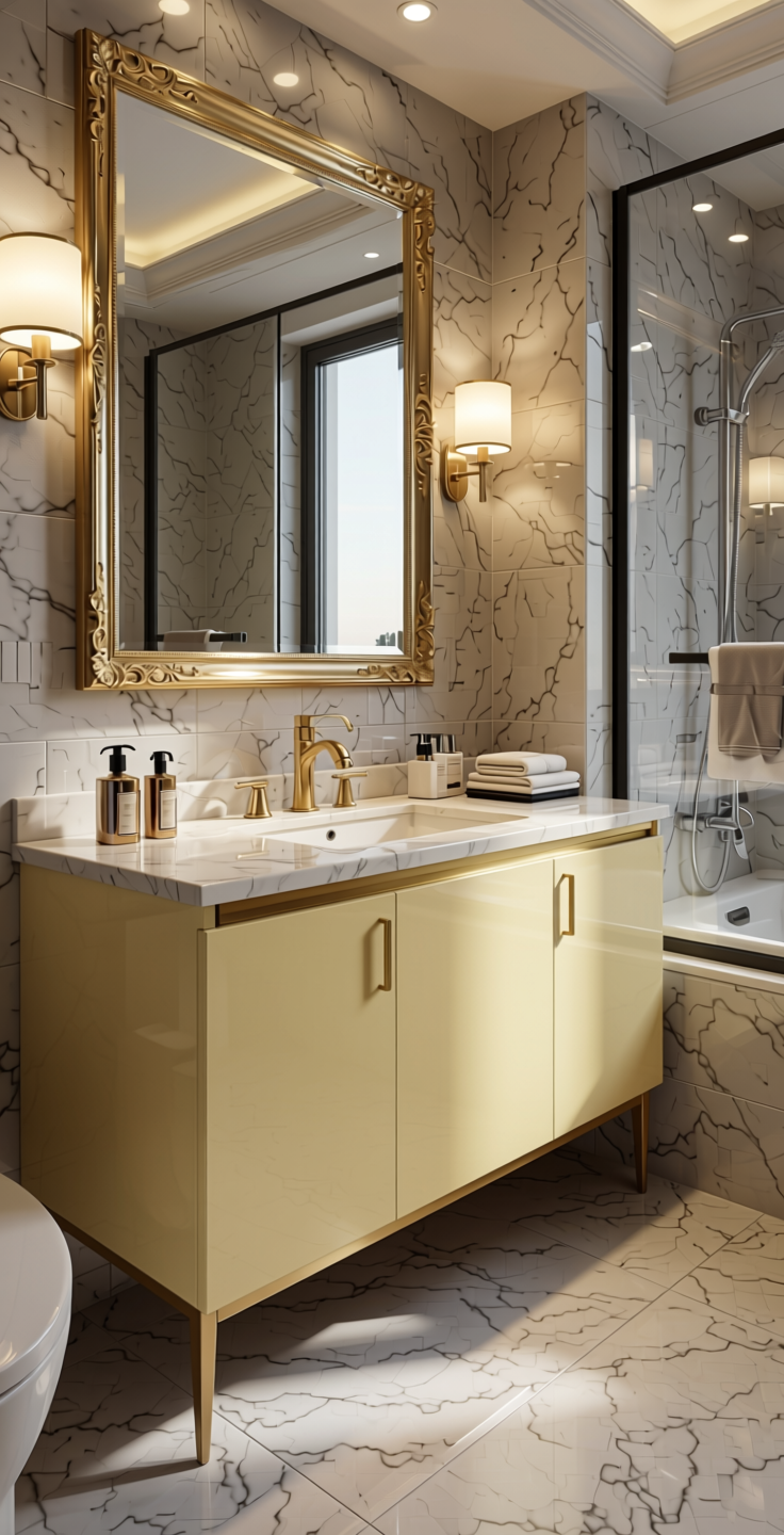 Champagne Plain Laminate 8x4 ft Texture 1 mm - 21187 CMT — application view in a luxury bathroom
