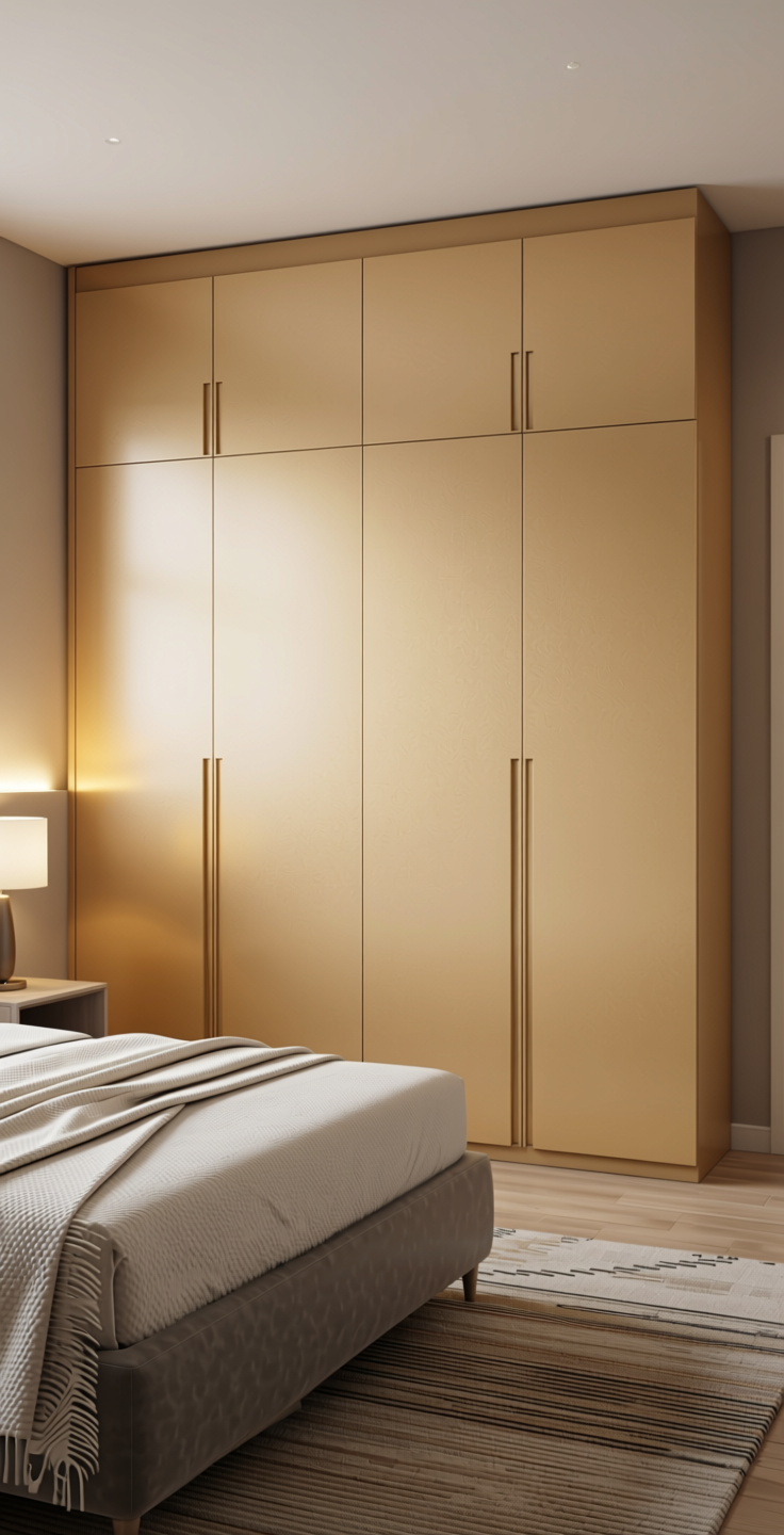 Champagne Plain Laminate 8x4 ft Texture 1 mm - 21187 NL — application view in a sleek bedroom
