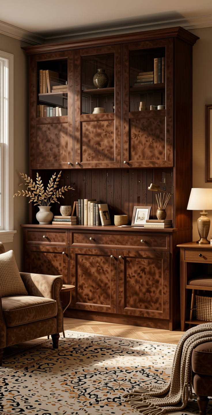 Plain Laminate 8x4 ft Suede 1 mm - 21028 Chocolate — application view in a cozy den