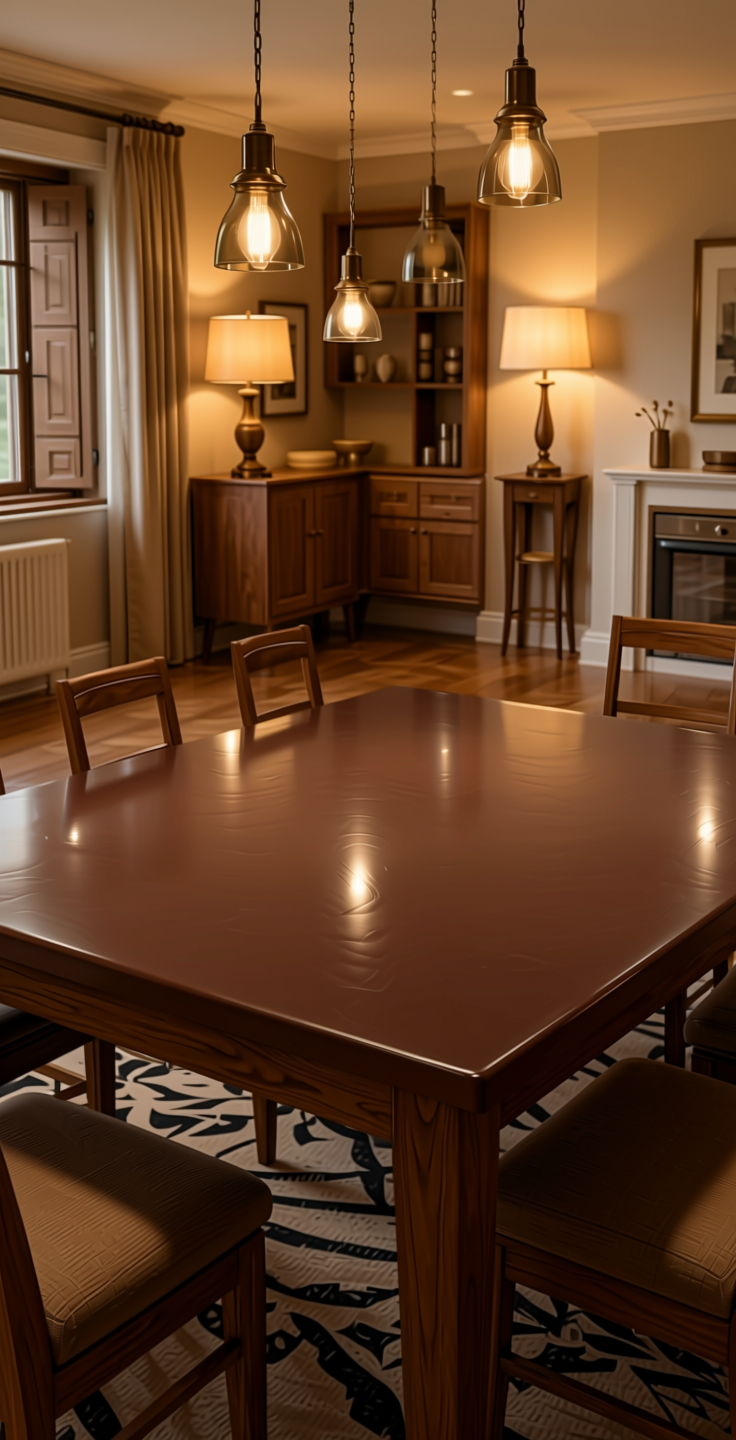 Chocolate Plain Laminate 8x4 ft Texture 1 mm - 21028 NL — application view in a warm dining room