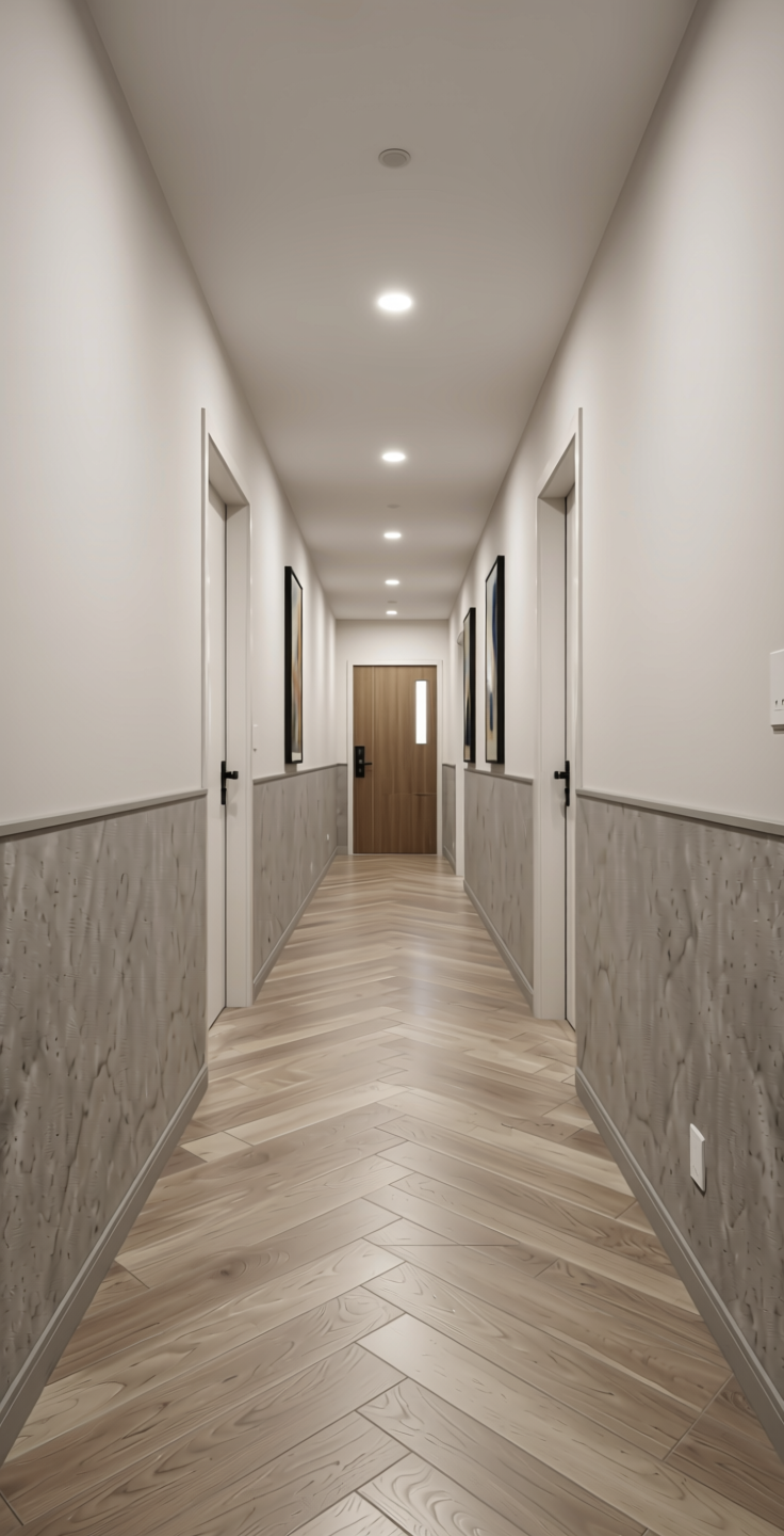 Stone Plain Laminate 8x4 ft Suede 1 mm - 22129 Cobble — application view in a modern hallway