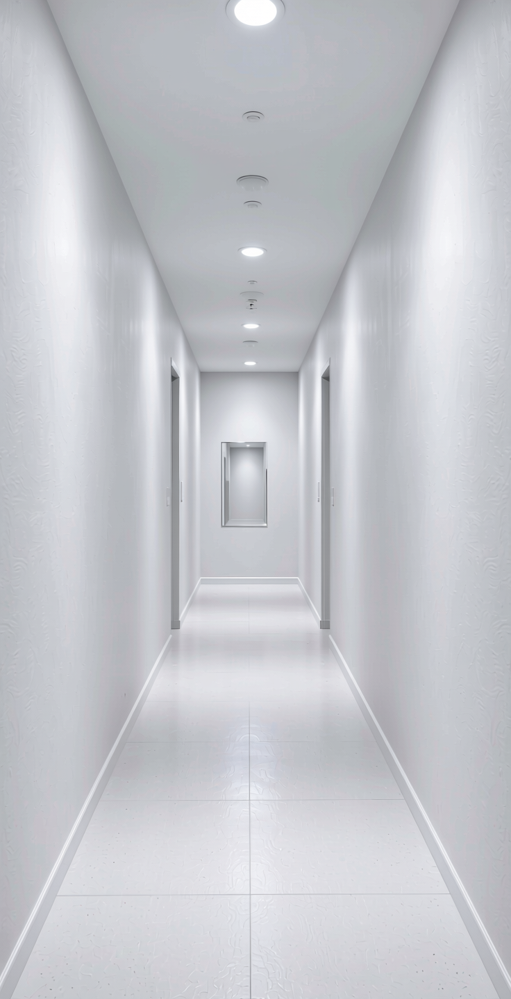 Cool White Plain Laminate 8x4 ft Suede 0.8 mm - 22381 SF — application view in a bright hallway