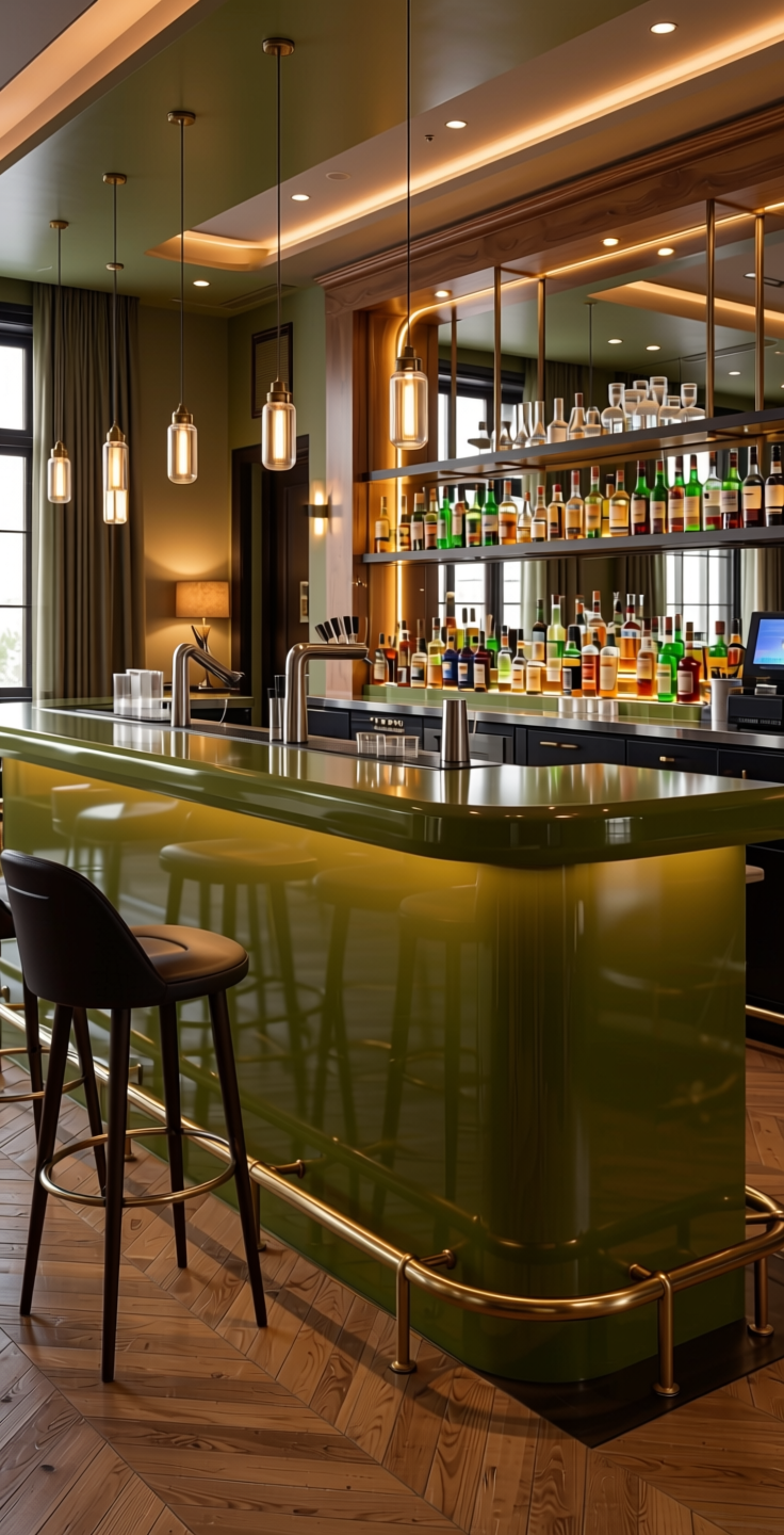 Dark Citrus Plain Laminate 8x4 ft High Gloss 1 mm - 21023 HGL — application view in a vibrant home bar