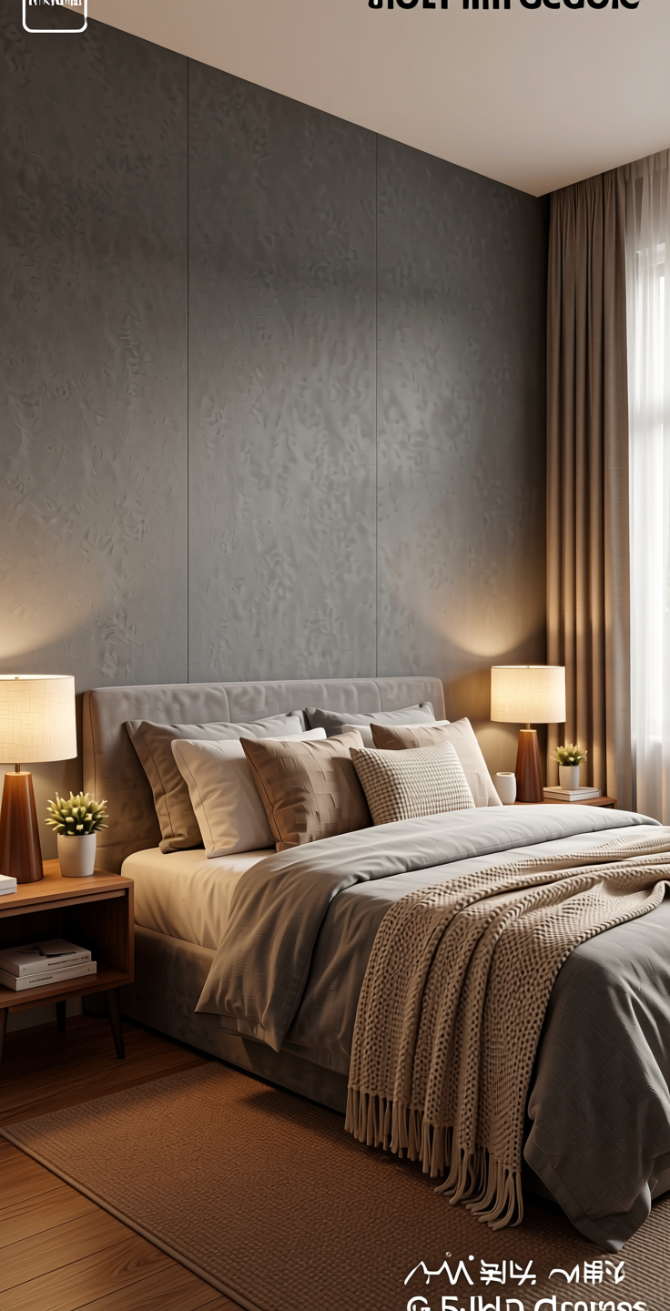 Grey Plain Laminate 8x4 ft Suede 1 mm - 22079 Dove — application view in a cozy bedroom