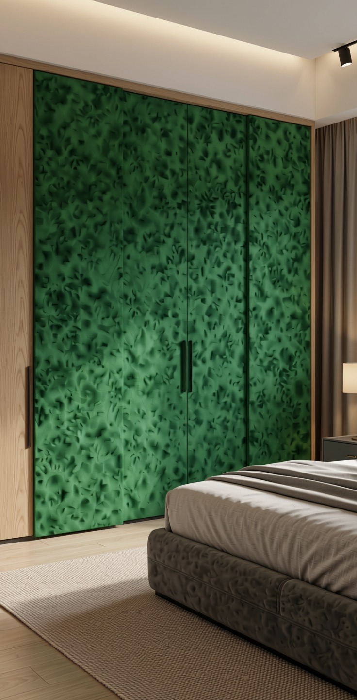Plain Laminate 8x4 ft Suede 1 mm - 21013 Emerald — application view in a sleek bedroom