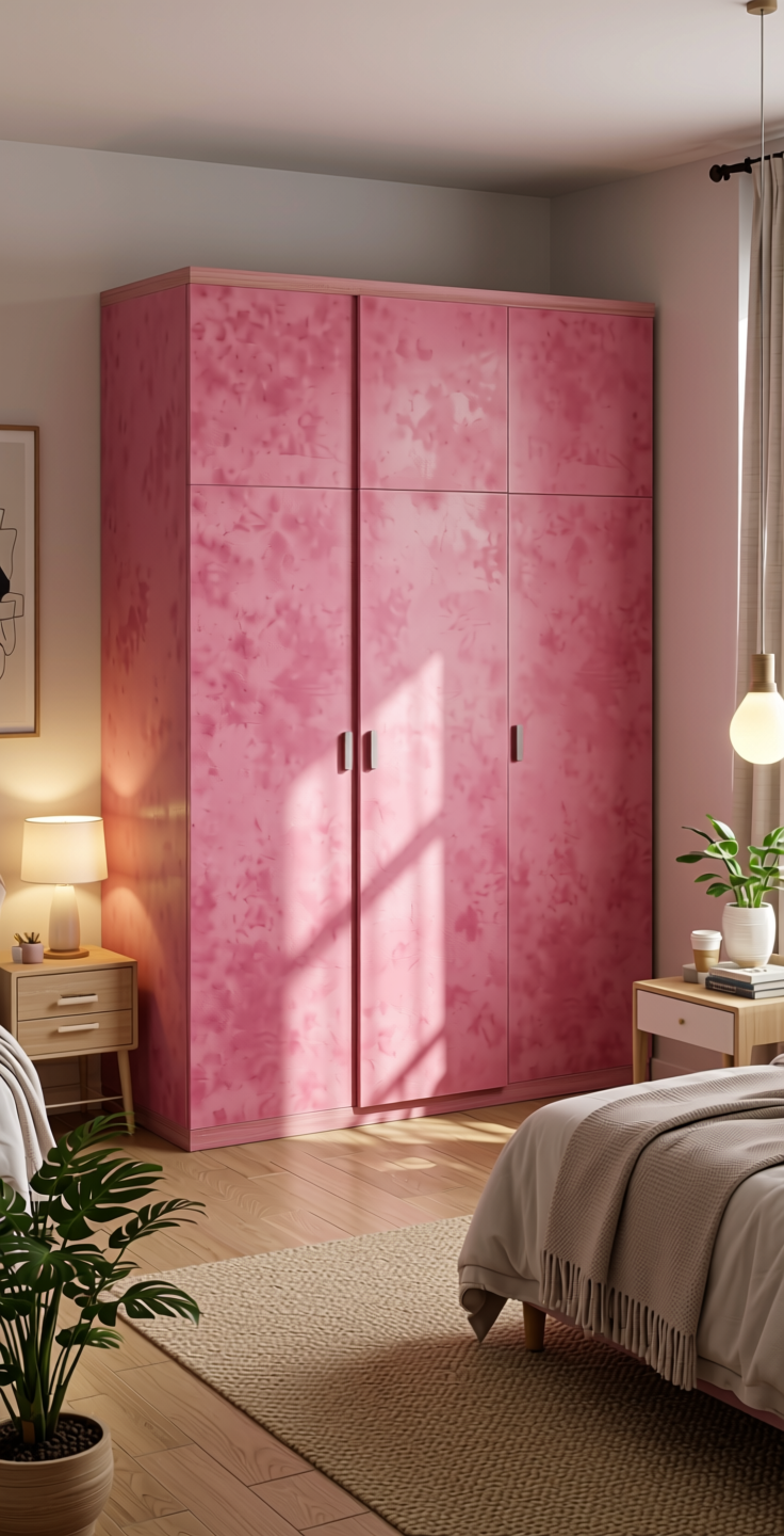Pink Plain Laminate 8x4 ft Suede 1 mm - 22134 Flamingo — application view in a girl's bedroom