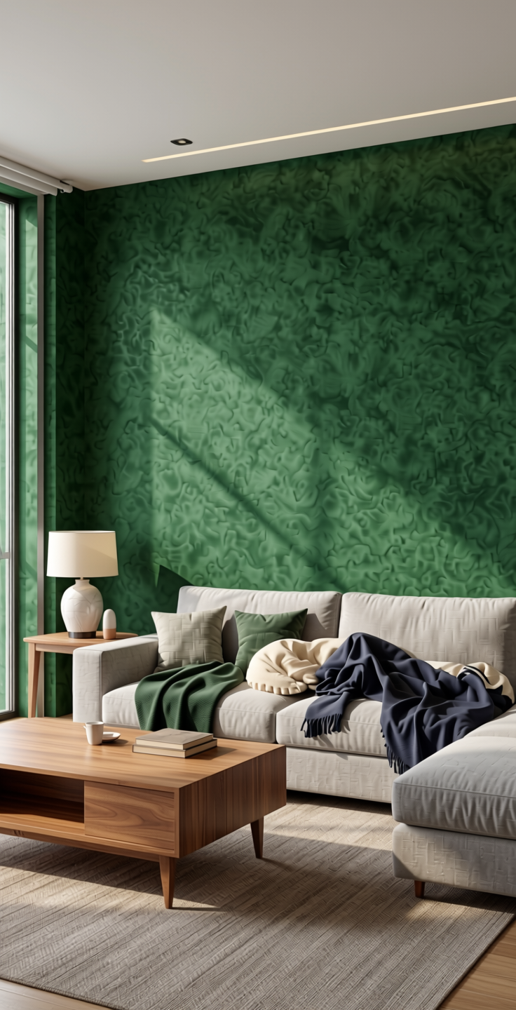 Green Plain Laminate 8x4 ft Suede 1 mm - 22293 Forest — application view in a modern living room
