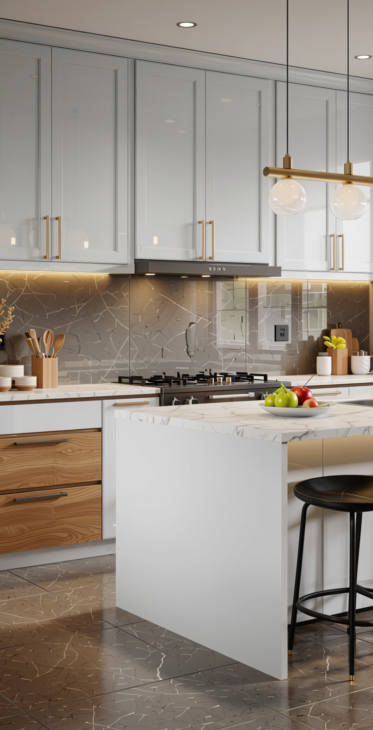 Frosty White Plain Laminate 8x4 ft High Gloss 1 mm - 21091 UNI — application view in a contemporary kitchen