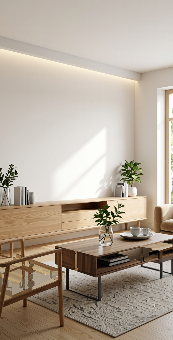 Frosty White Plain Laminate 8x4 ft Texture 1 mm - 21091 VL — application view in a bright living room