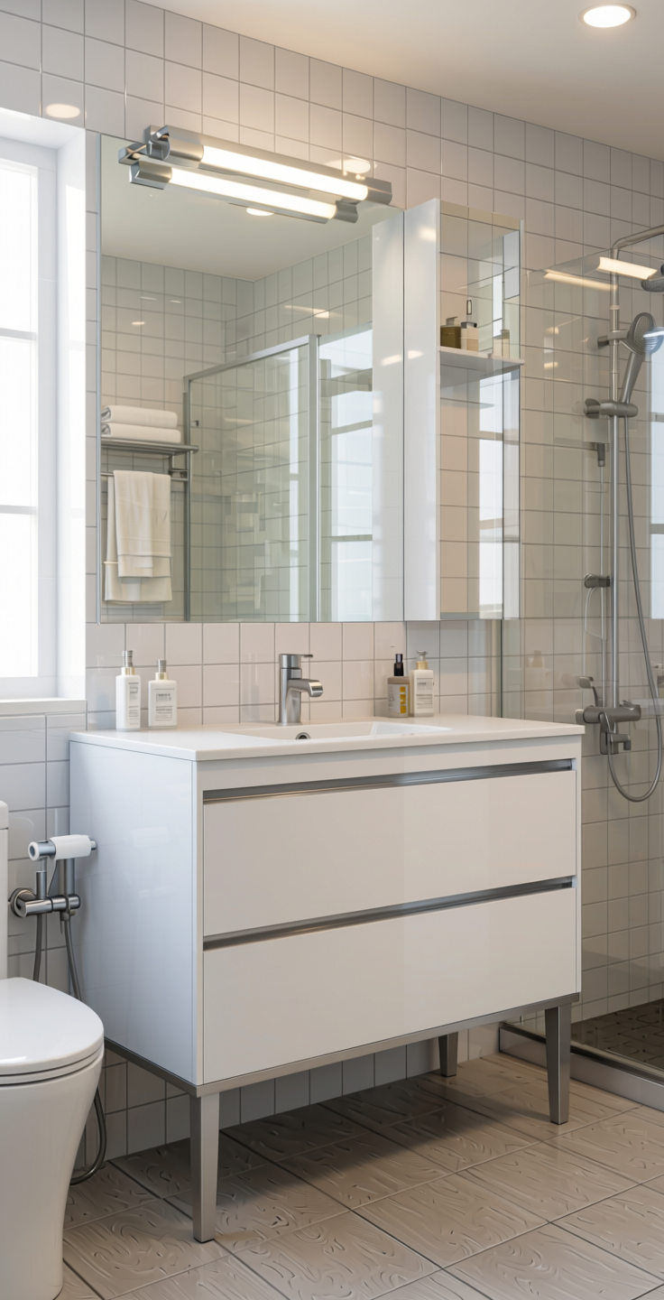 Frosty White Plain Laminate 8x4 ft Texture 1 mm - 21091 JW — application view in a bright bathroom