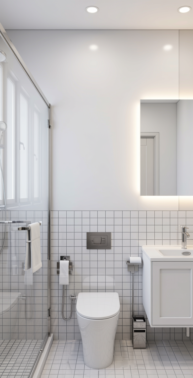 Frosty White Plain Laminate 8x4 ft Texture 1 mm - 21091 ML — application view in a bright bathroom