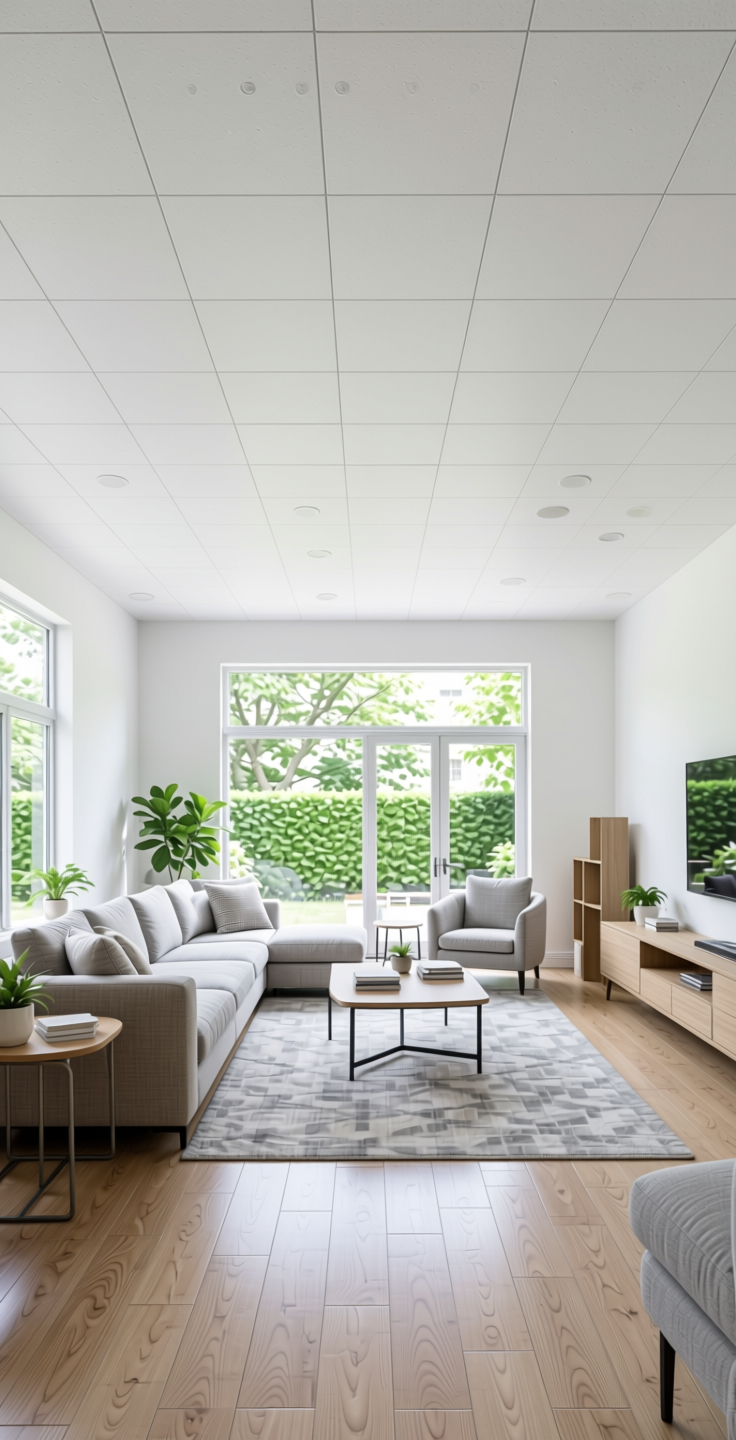 Frosty White Plain Laminate 8x4 ft Texture 1 mm - 21091 DZL — application view in a bright living room