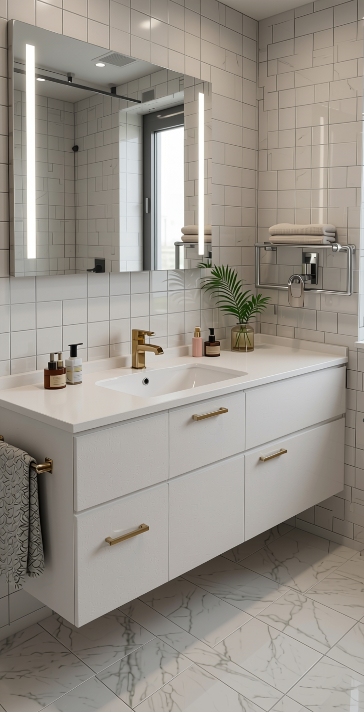 Frosty White Plain Laminate 8x4 ft Texture 1 mm - 21091 FK — application view in a contemporary bathroom