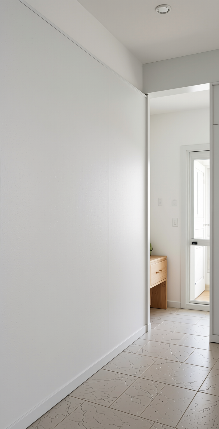 Frosty White Plain Laminate 8x4 ft Texture 1 mm - 21091 LNN — application view in a bright entryway