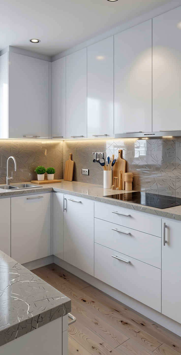 Frosty White Plain Laminate 8x4 ft Texture 1 mm - 21091 BR — application view in a contemporary kitchen