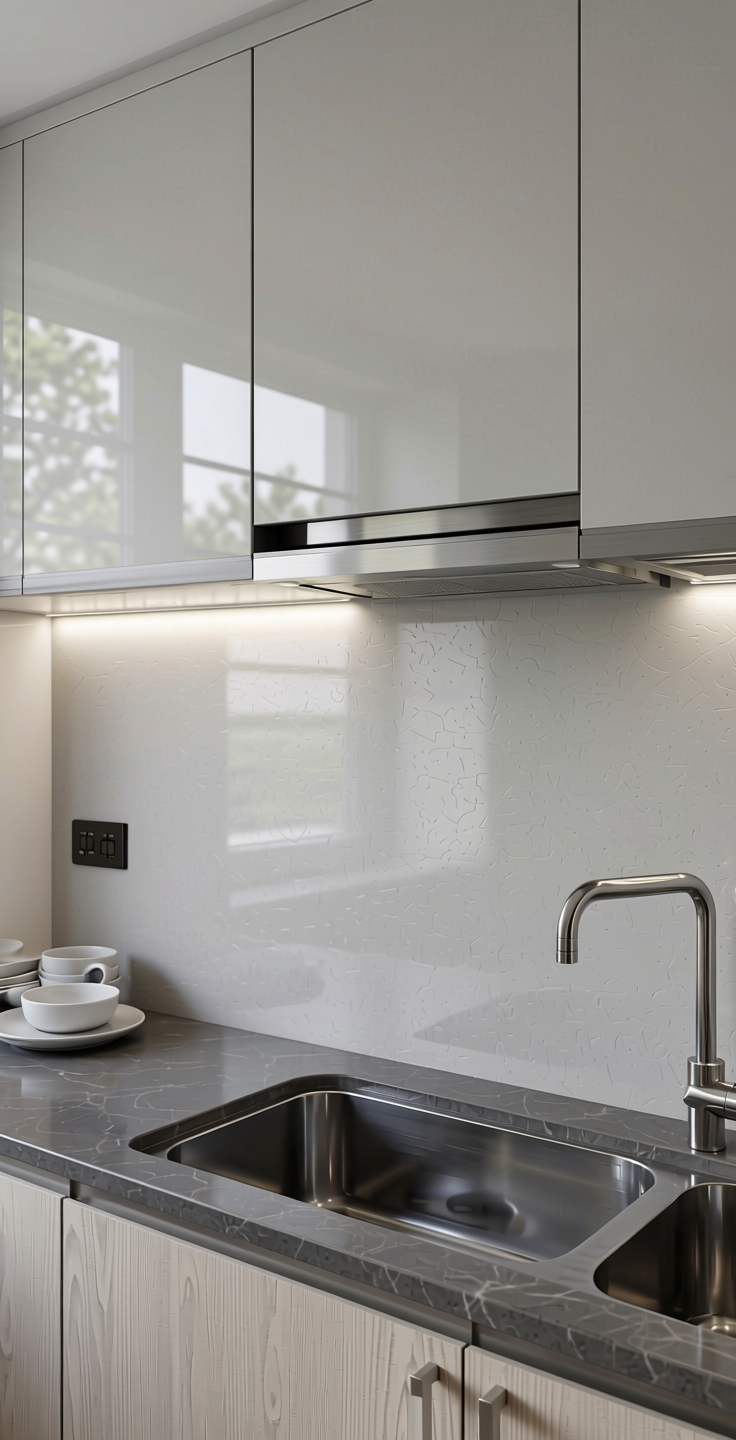 Frosty White Plain Laminate 8x4 ft Texture 1 mm - 21091 CFR — application view in a kitchen