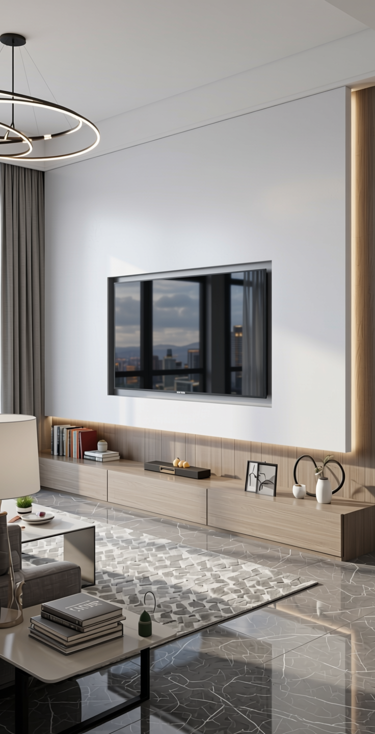 Frosty White Plain Laminate 8x4 ft Texture 1 mm - 21091 FB — application view in a modern living room