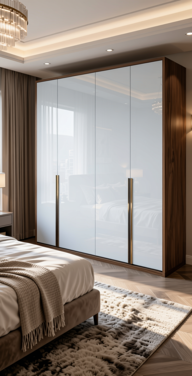 Glacial White Plain Laminate 8x4 ft High Gloss 0.8 mm - 22191 SGL — application view in a luxury bedroom