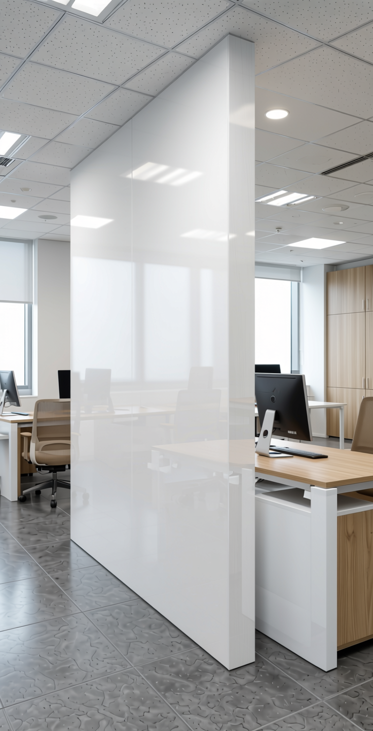 Glacial White Plain Laminate 8x4 ft Texture 0.8 mm - 22191 DST — application view in a modern office