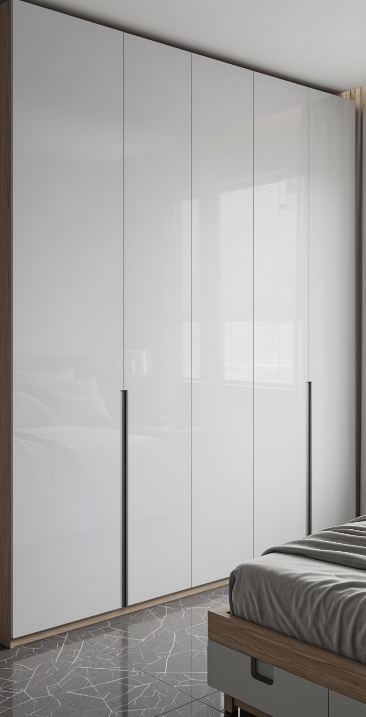 Glacial White Plain Laminate 8x4 ft Texture 0.8 mm - 22191 OTL — application view in a minimalist bedroom