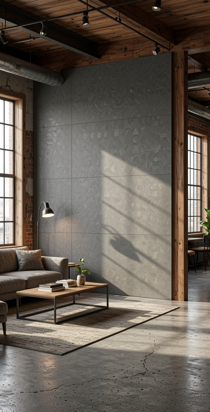 Grey Plain Laminate 8x4 ft Suede 1 mm - 22059 Gothic — application view in a industrial loft