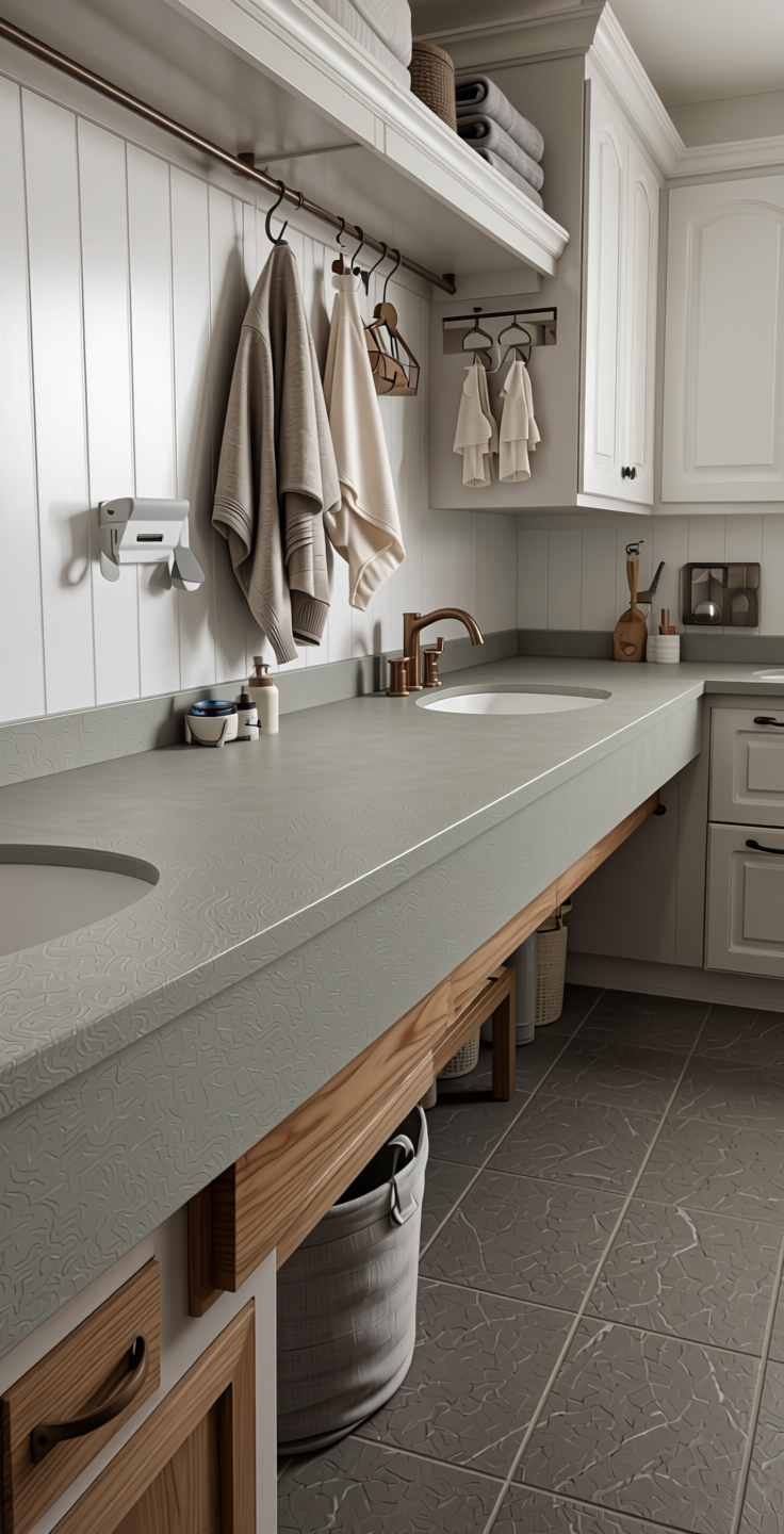 Stone Plain Laminate 8x4 ft Suede 1 mm - 21009 Grey — application view in a mudroom